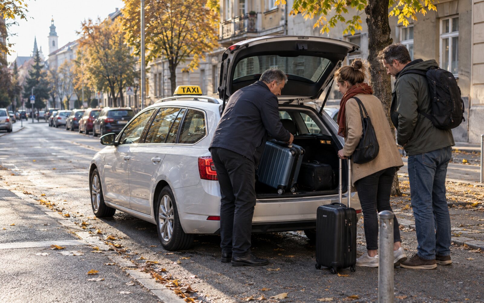 Dvoje putnika i vozač spremaju prtljagu u taxi